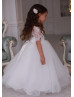 Short Sleeve Ivory Lace Tulle Long Flower Girl Dress